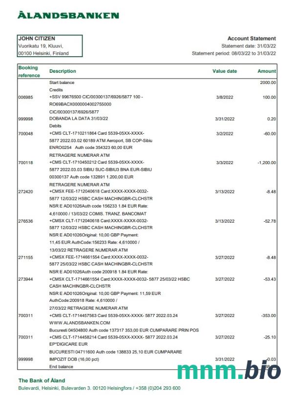Szablon wyciągu bankowego Finlandia Aland, format Word i PDF